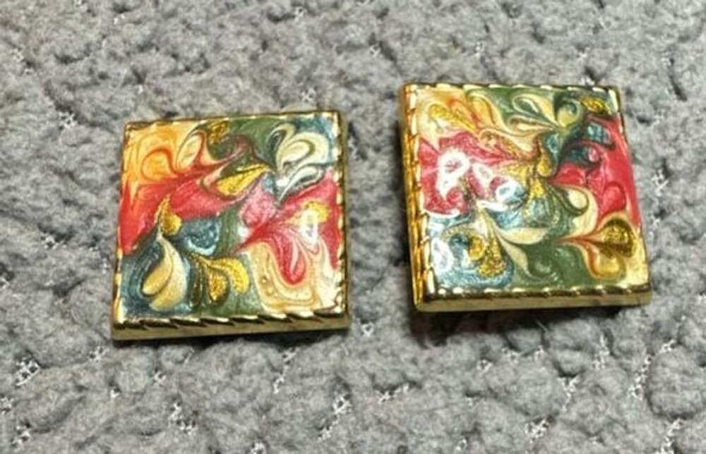 Vintage Square Enamel Clip-On Earrings Goldtone Multi-Color